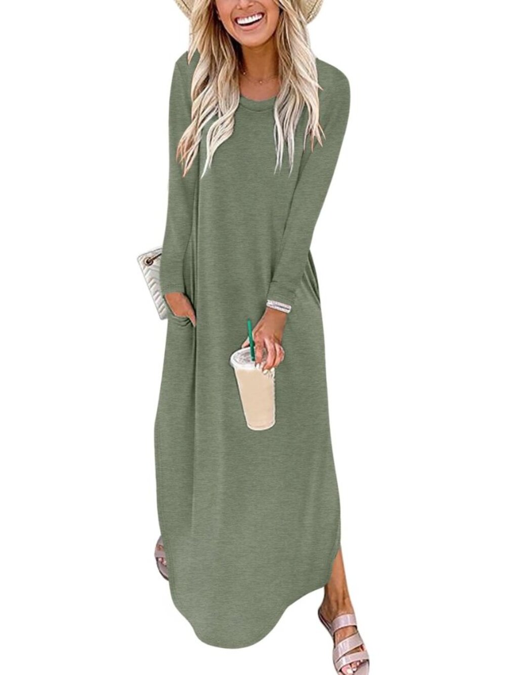Women's Long Sleeve Fall Maxi T-Shirt Dress with Pockets